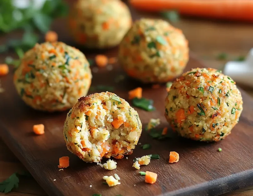Boulettes de pois chiches et carottes dorées au four disposées sur une planche en bois avec herbes fraîches et morceaux de carottes