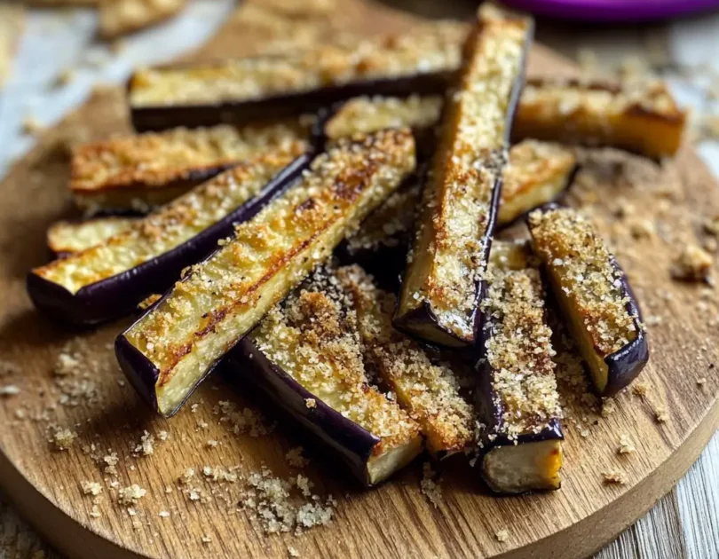 Frites d'aubergine croustillantes panées servies sur une planche en bois, texture dorée parfaite pour les petites mains, idéales pour la diversification menée par l'enfant