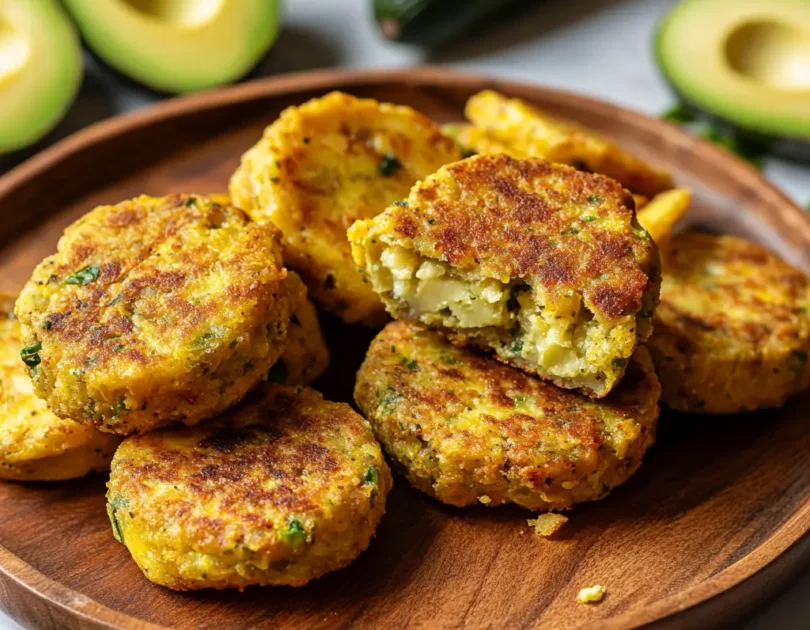 Galettes de banane plantain et avocat dorées servies sur une planche en bois avec des avocats frais, idéales pour la diversification menée par l'enfant