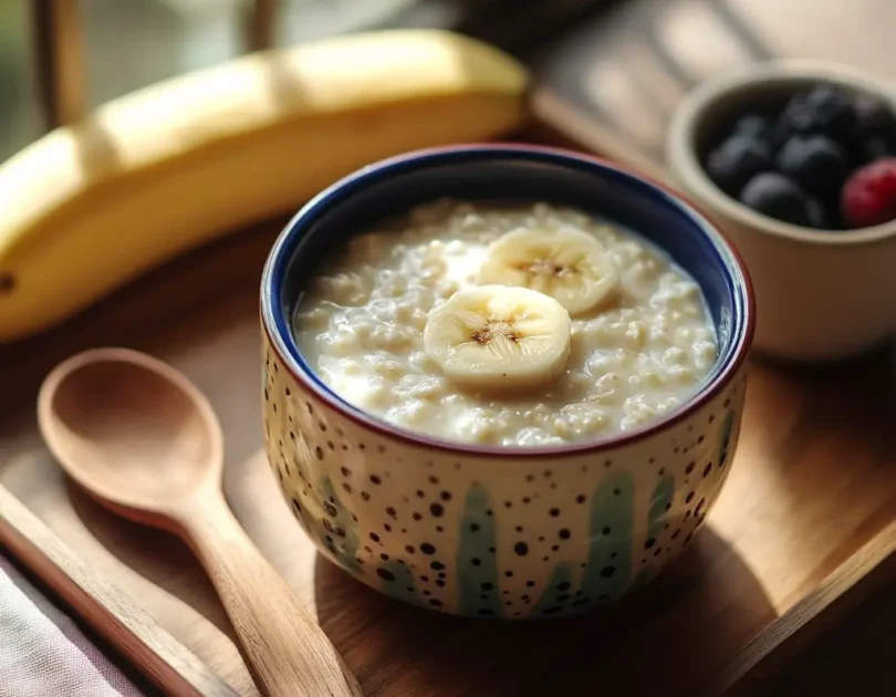 Porridge à la banane pour bébé servi dans un joli bol décoré avec des rondelles de banane fraîche, accompagné de petits fruits rouges et d'une cuillère en bois