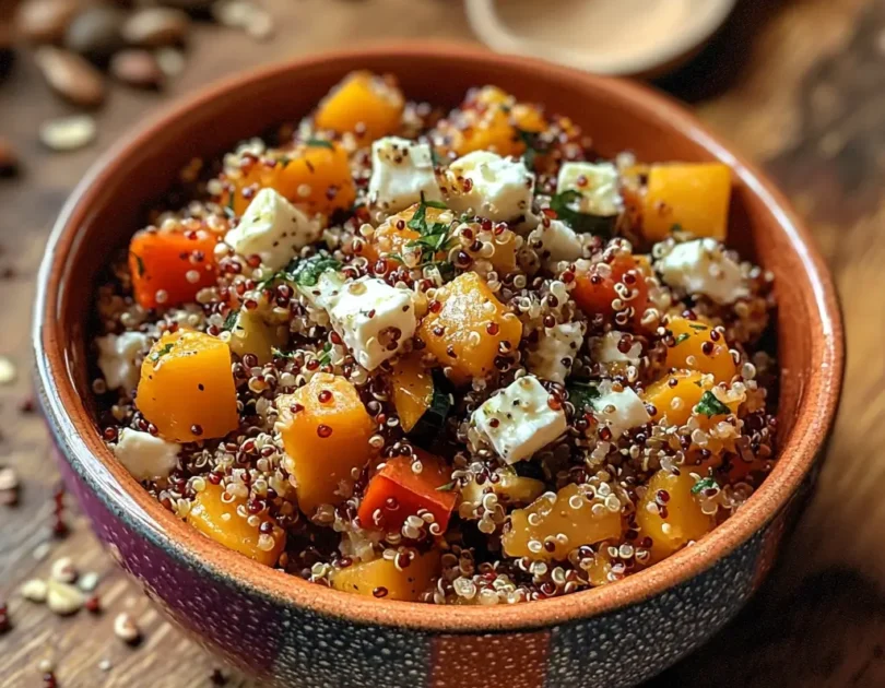 Salade colorée de quinoa avec cubes de feta et morceaux de butternut rôti dans un bol décoratif, repas équilibré pour bébé à partir de 10 mois