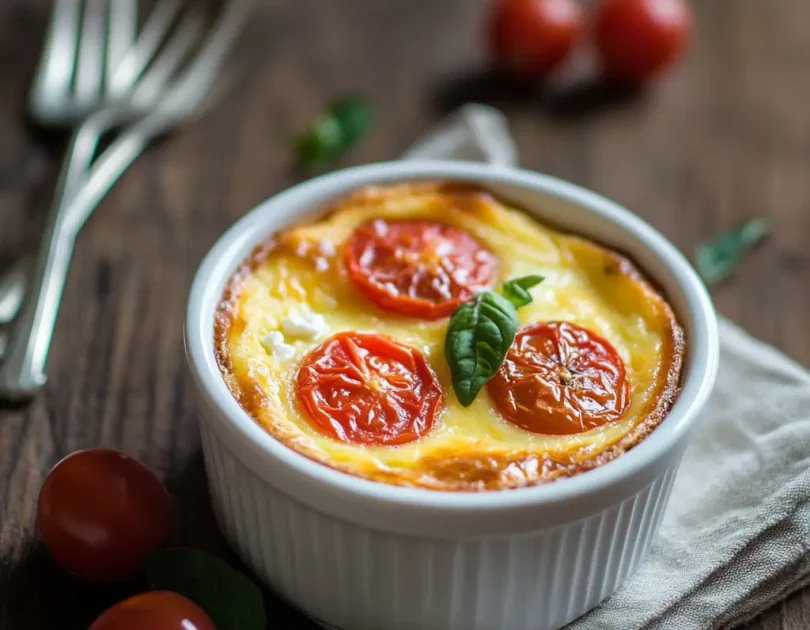 Clafoutis salé pour bébé avec tomates cerises et fromage de chèvre doux, cuit dans un ramequin blanc, texture moelleuse adaptée dès 10 mois