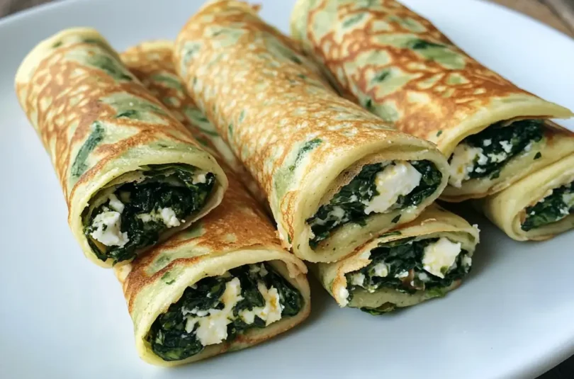 Mini crêpes roulées aux épinards et feta pour bébé, petites portions individuelles avec épinards intégrés dans la pâte, finger food adapté dès 12 mois