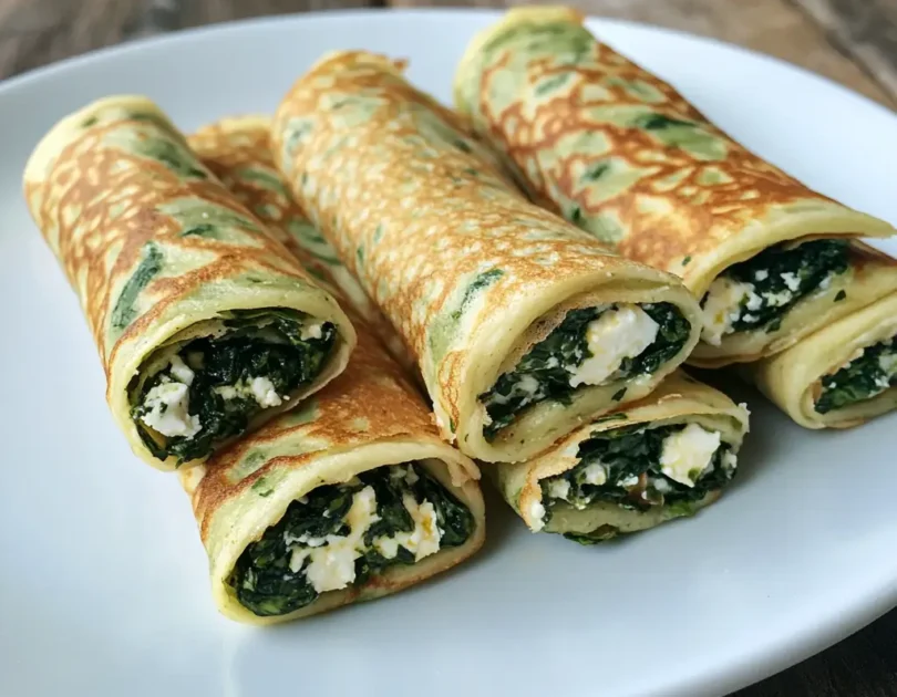 Mini crêpes roulées aux épinards et feta pour bébé, petites portions individuelles avec épinards intégrés dans la pâte, finger food adapté dès 12 mois