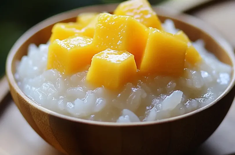 Riz gluant translucide à la mangue et lait de coco pour bébé, texture gélatineuse authentique, cubes de mangue mûre, dessert thaï adapté dès 10 mois