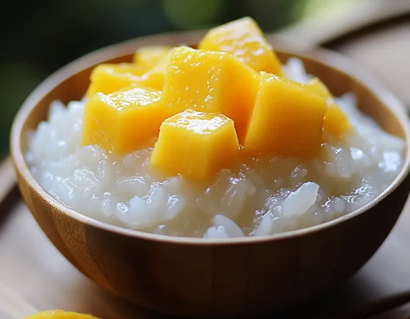 Riz gluant translucide à la mangue et lait de coco pour bébé, texture gélatineuse authentique, cubes de mangue mûre, dessert thaï adapté dès 10 mois