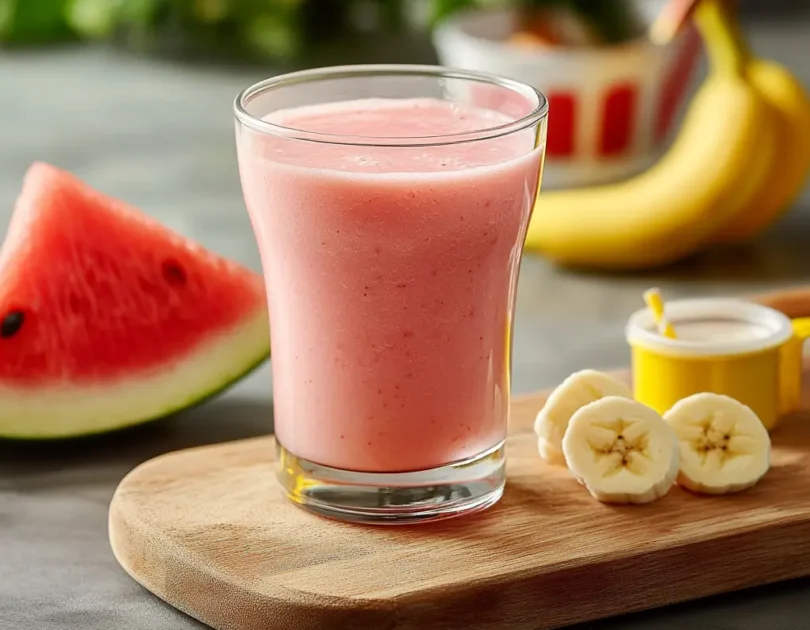 Smoothie pastèque banane rose dans un verre transparent avec tranches de pastèque fraîche et rondelles de banane sur planche en bois, recette sans sucre pour bébé dès 8 mois