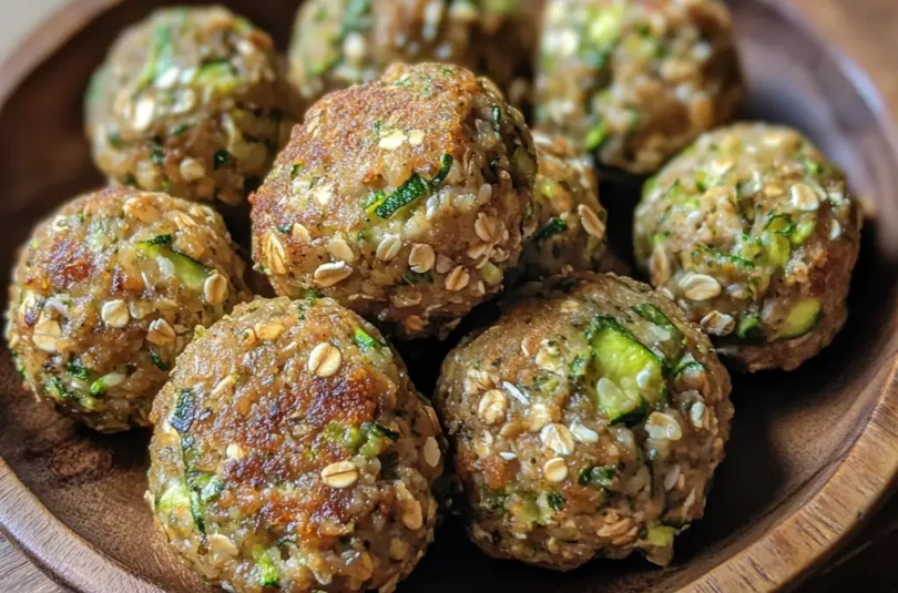 Boulettes d'avoine aux courgettes pour bébé DME, finger food végétarien avec flocons d'avoine visibles et courgettes râpées, cuites dorées dans bol bois