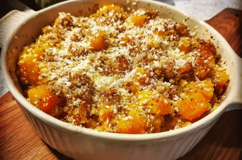 Crumble de courge butternut au fromage pour bébé DME, gros morceaux orange fondants sous chapelure dorée, finger food automnal dès 10 mois