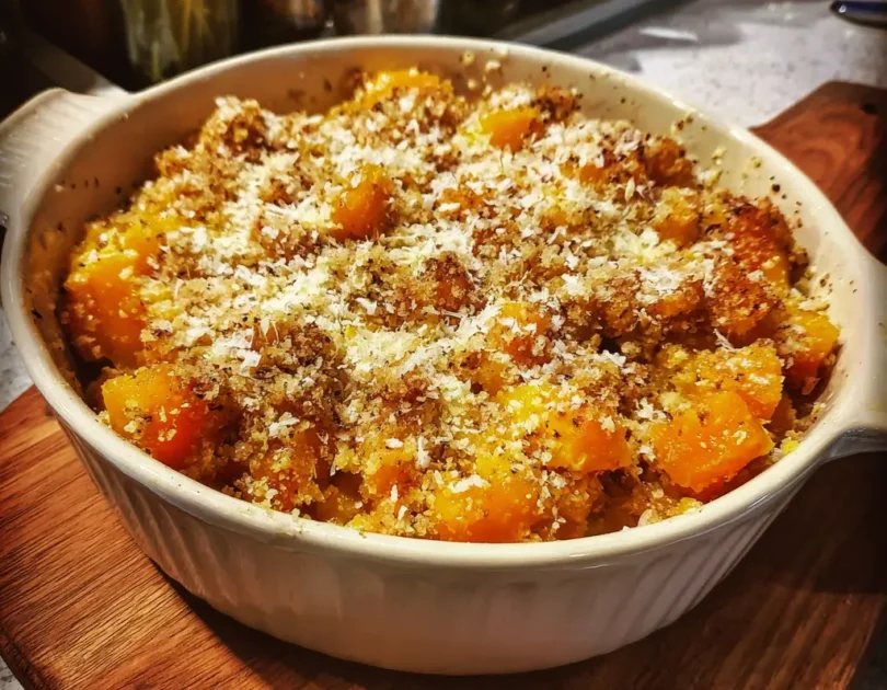 Crumble de courge butternut au fromage pour bébé DME, gros morceaux orange fondants sous chapelure dorée, finger food automnal dès 10 mois