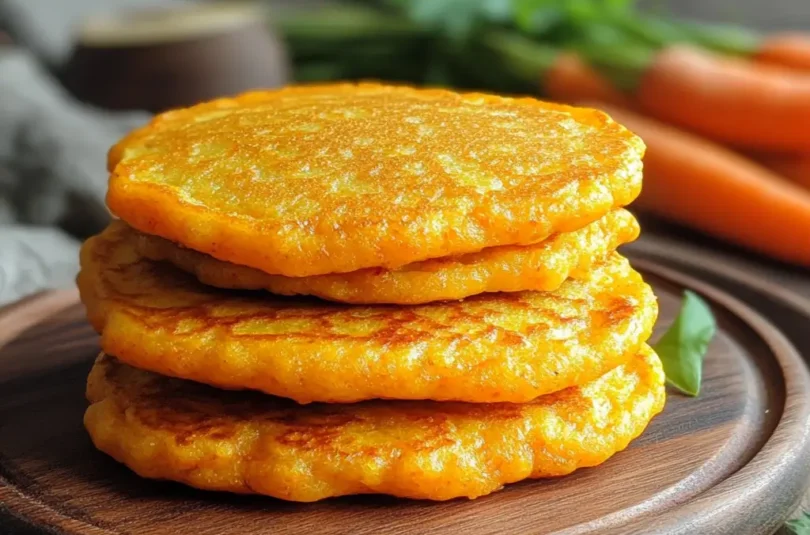Pancakes aux carottes pour bébé empilés sur planche bois, couleur orange naturelle des carottes râpées, finger food moelleux sans sucre ajouté
