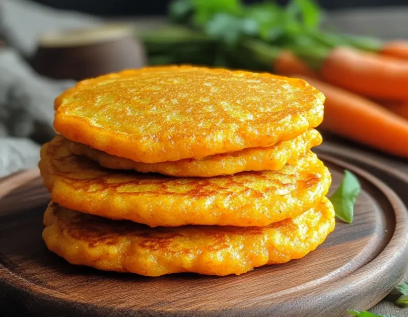 Pancakes aux carottes pour bébé empilés sur planche bois, couleur orange naturelle des carottes râpées, finger food moelleux sans sucre ajouté