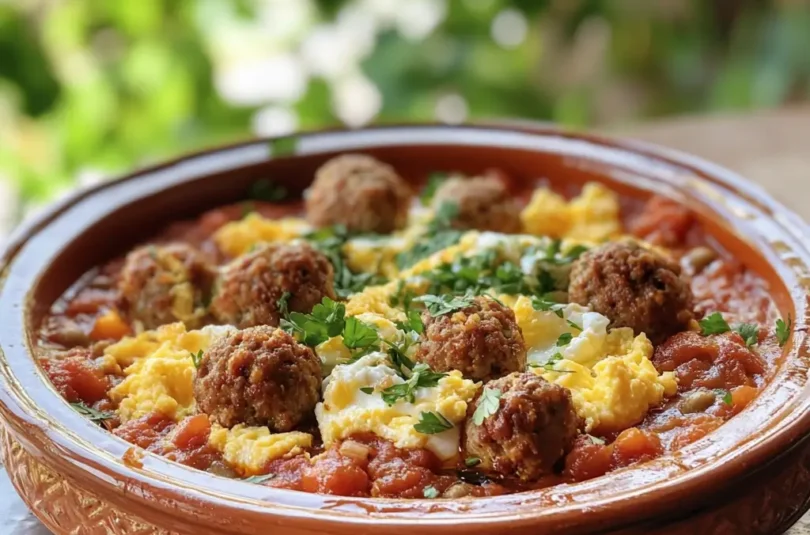 Tagine de kefta aux œufs brouillés pour bébé, mini boulettes de viande et œufs moelleux dans sauce tomate, plat marocain adapté dès 12 mois