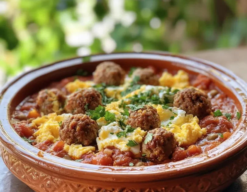 Tagine de kefta aux œufs brouillés pour bébé, mini boulettes de viande et œufs moelleux dans sauce tomate, plat marocain adapté dès 12 mois
