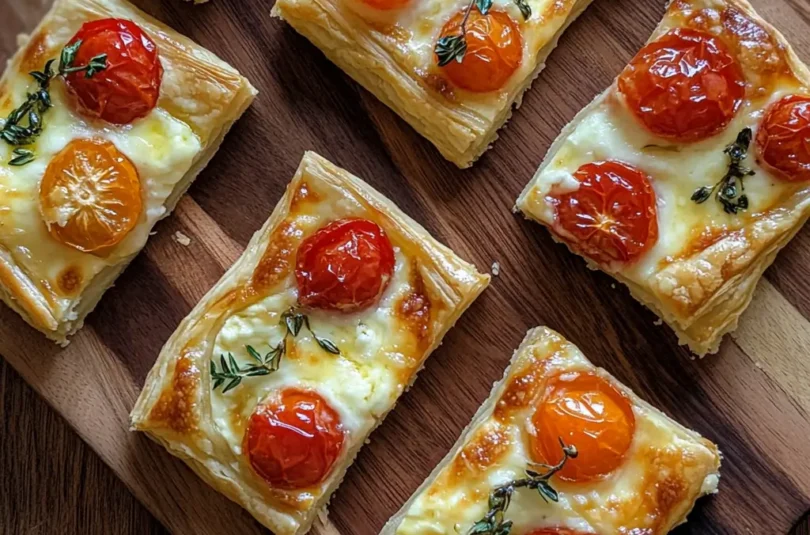 Tarte fine tomate mozzarella pour bébé, carrés de pâte feuilletée avec tomates cerises rôties et mozzarella fondue, finger food adapté dès 15 mois