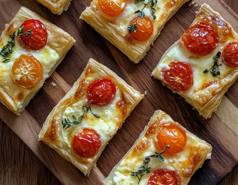 Tarte fine tomate mozzarella pour bébé, carrés de pâte feuilletée avec tomates cerises rôties et mozzarella fondue, finger food adapté dès 15 mois
