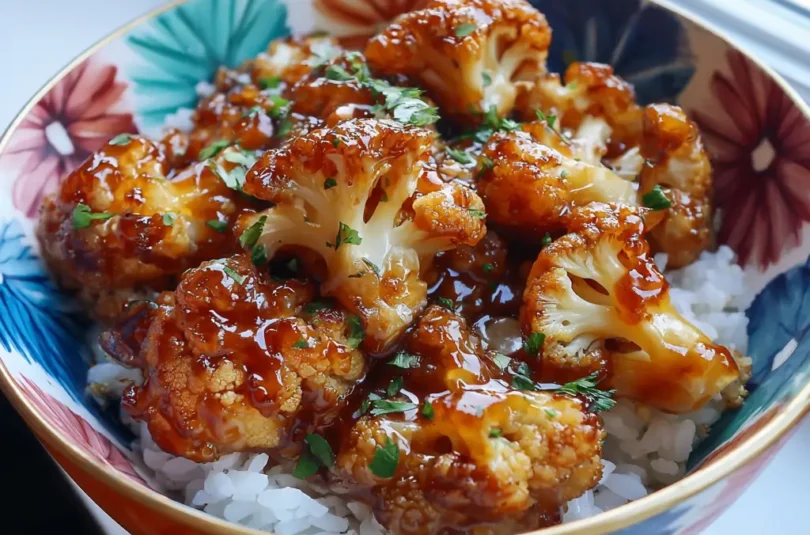 Bol de riz au chou-fleur caramélisé pour bébé, fleurettes dorées et brillantes dans sauce caramélisée, plat complet adapté dès 12 mois