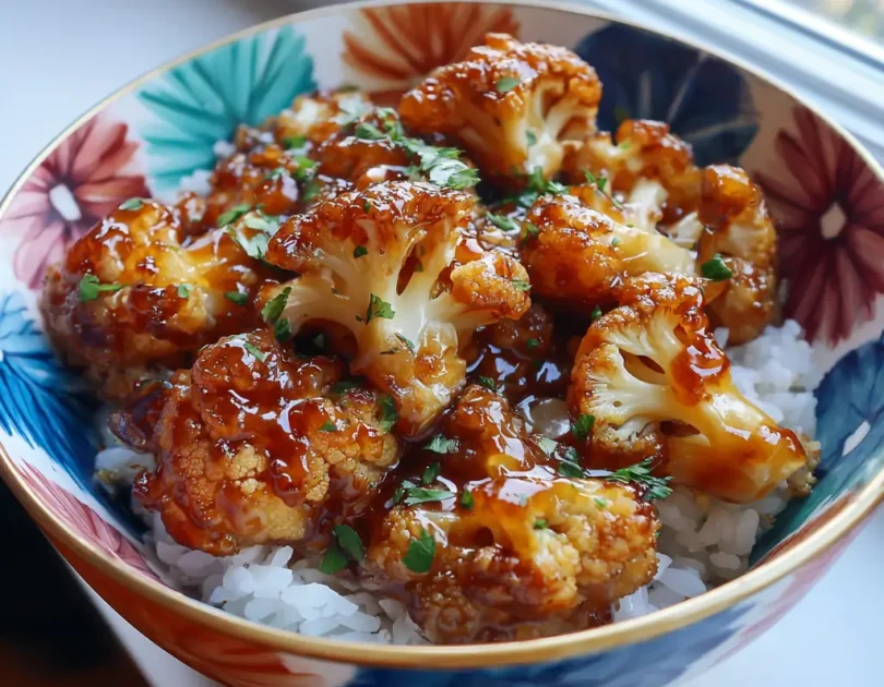 Bol de riz au chou-fleur caramélisé pour bébé, fleurettes dorées et brillantes dans sauce caramélisée, plat complet adapté dès 12 mois