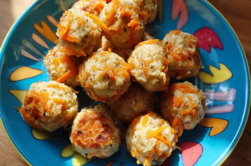 Boulettes de thon aux carottes râpées pour bébé, finger food doré avec carottes visibles, recette facile au thon en boîte dès 12 mois