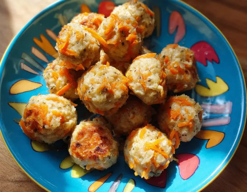 Boulettes de thon aux carottes râpées pour bébé, finger food doré avec carottes visibles, recette facile au thon en boîte dès 12 mois