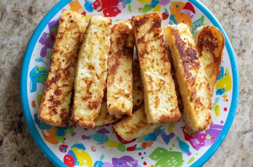 brioche-perdue-lait-coco-vanille-bebe-dme Brioche perdue au lait de coco vanille pour bébé DME, bâtonnets dorés faciles à tenir, finger food adapté dès 14 mois sur assiette colorée