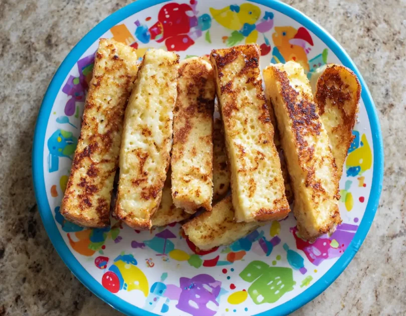 Brioche perdue au lait de coco vanille pour bébé DME, bâtonnets dorés faciles à tenir, finger food adapté dès 14 mois sur assiette colorée