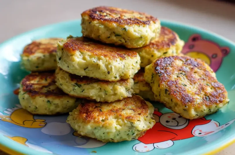 Galettes de cœur d'artichaud et avocat pour bébé, finger food vert doré empilé sur assiette colorée, texture moelleuse visible dès 14 mois