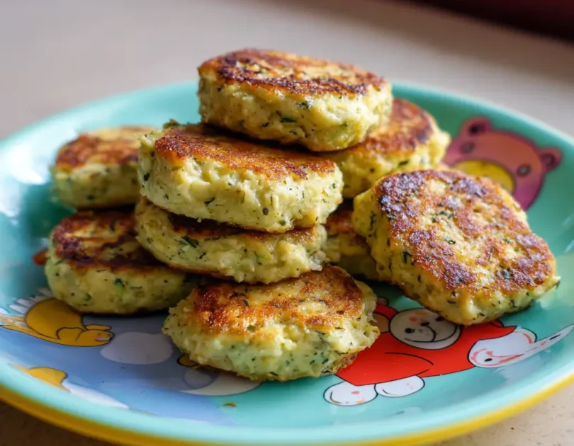Galettes de cœur d'artichaud et avocat pour bébé, finger food vert doré empilé sur assiette colorée, texture moelleuse visible dès 14 mois