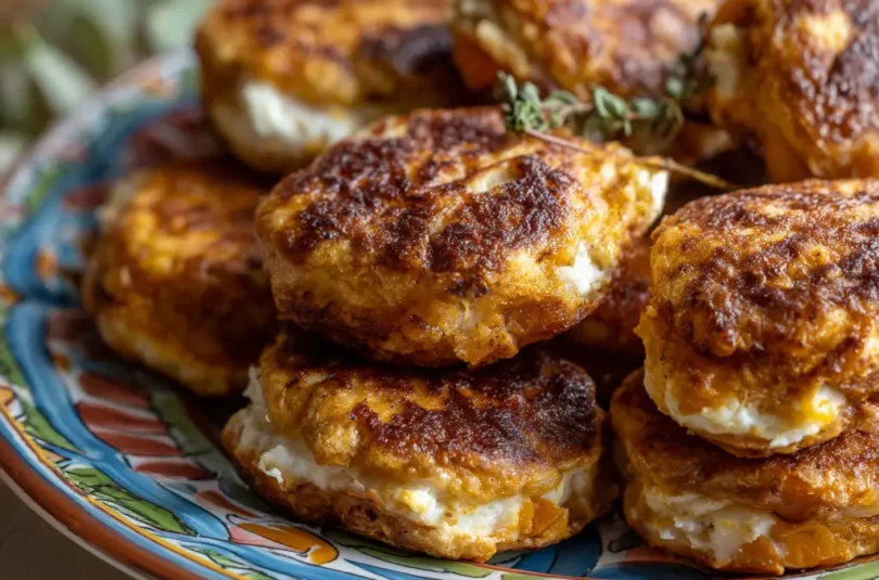 galettes-patate-douce-chevre-doux-bebe-dme-fondant-14-mois Galettes de patate douce au chèvre doux pour bébé DME, finger food doré avec fromage fondant qui coule, empilées sur assiette colorée, adapté dès 14 mois