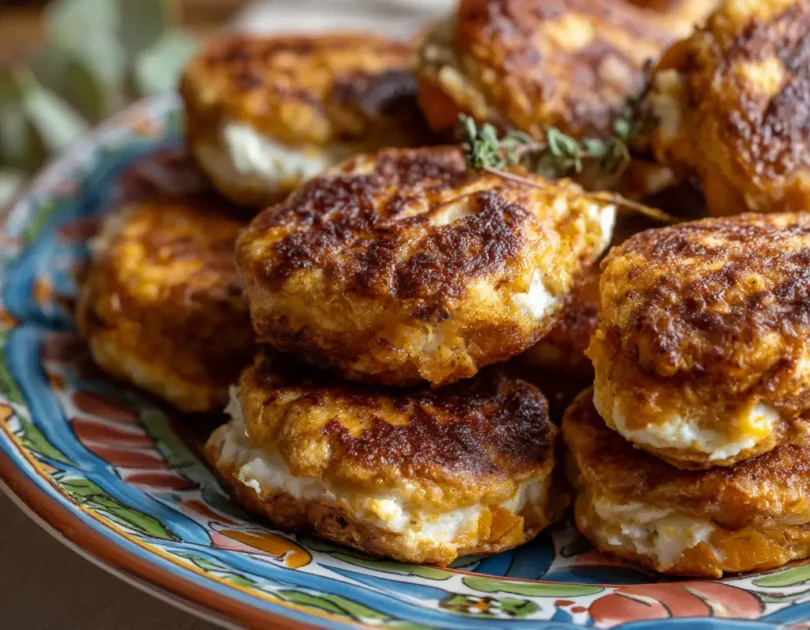 Galettes de patate douce au chèvre doux pour bébé DME, finger food doré avec fromage fondant qui coule, empilées sur assiette colorée, adapté dès 14 mois