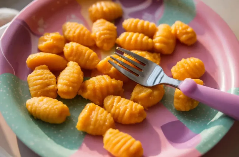 Gnocchis de courge butternut faits maison pour bébé DME, petites portions orange avec striures traditionnelles sur assiette colorée, finger food dès 12 mois