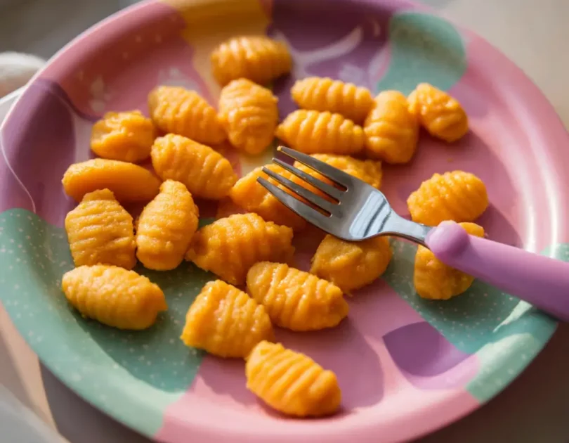 Gnocchis de courge butternut faits maison pour bébé DME, petites portions orange avec striures traditionnelles sur assiette colorée, finger food dès 12 mois
