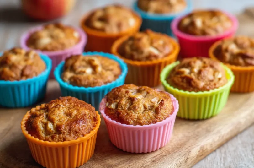 Muffins pomme cannelle pour bébé dans caissettes colorées, morceaux de pomme visibles, goûter fait maison adapté dès 10 mois