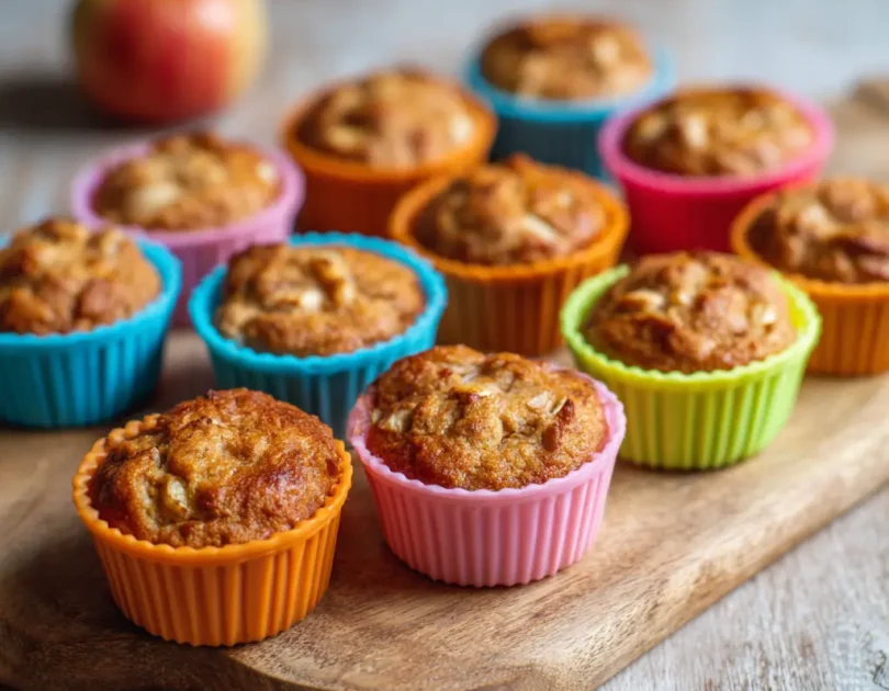 Muffins pomme cannelle pour bébé dans caissettes colorées, morceaux de pomme visibles, goûter fait maison adapté dès 10 mois
