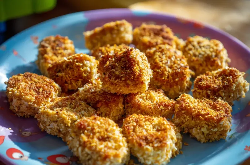 Nuggets de poulet panés aux flocons d'avoine pour bébé, taille adaptée 12 mois sur assiette colorée, enrobage visible avec flocons d'avoine
