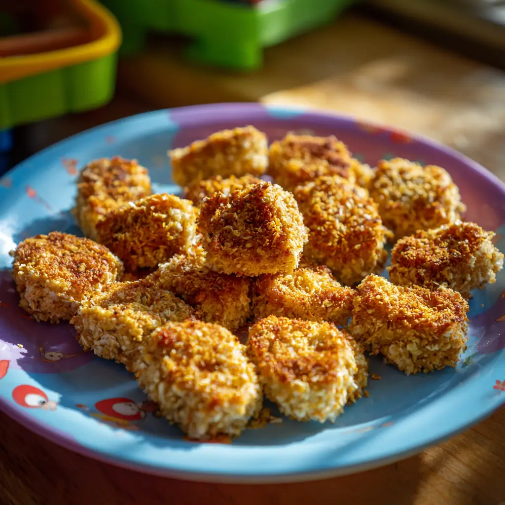 nuggets-poulet-flocons-avoine-bebe-fait-maison Nuggets de poulet panés aux flocons d'avoine pour bébé, taille adaptée 12 mois sur assiette colorée, enrobage visible avec flocons d'avoine