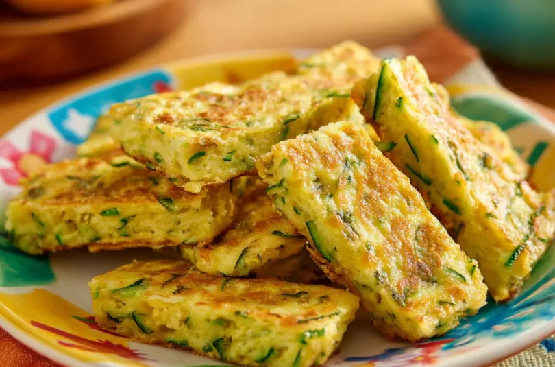 Omelette aux courgettes râpées pour bébé DME, découpée en bâtonnets dorés avec filaments verts visibles, finger food moelleux dès 10 mois