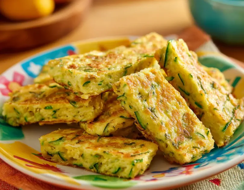 Omelette aux courgettes râpées pour bébé DME, découpée en bâtonnets dorés avec filaments verts visibles, finger food moelleux dès 10 mois