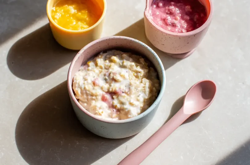 Overnight oats adaptés pour bébé dès 18 mois, trois bols colorés avec textures crémeuses et fruits, petit-déjeuner sain avec cuillère bébé