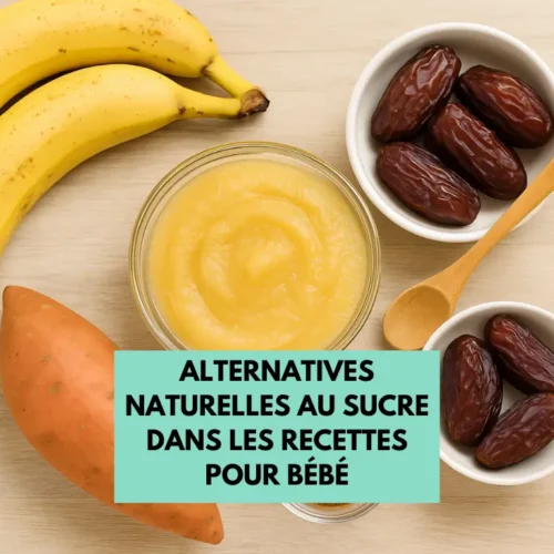 Ingrédients naturels pour remplacer le sucre dans les recettes bébé : banane, compote, dattes, patate douce et cannelle.