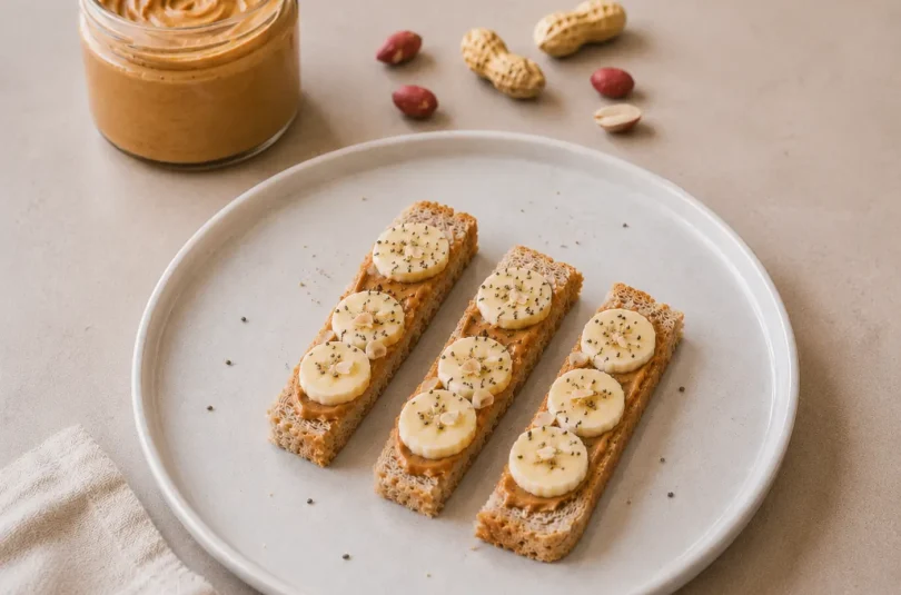 Tartines bâtonnets banane et beurre de cacahuète sur assiette bébé, recette DME dès 8 mois