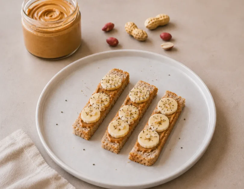 Tartines bâtonnets banane et beurre de cacahuète sur assiette bébé, recette DME dès 8 mois