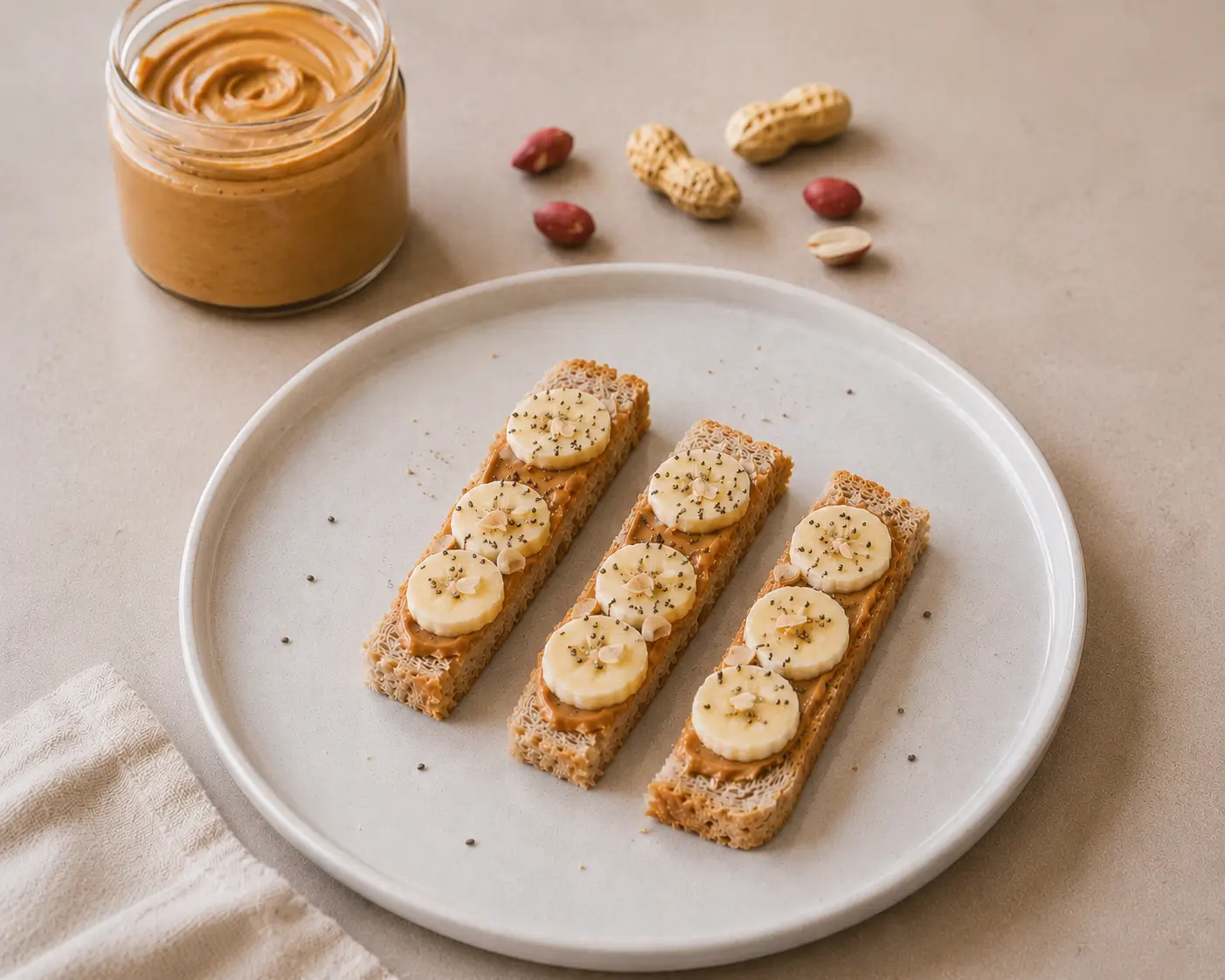 tartines-banane-beurre-cacahuete-bebe-dme-8-mois Tartines bâtonnets banane et beurre de cacahuète sur assiette bébé, recette DME dès 8 mois