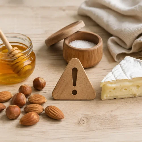 Aliments à éviter avant 1 an disposés sur une table : pot de miel, sel, fruits à coque entiers, marqués comme à risque pour bébé