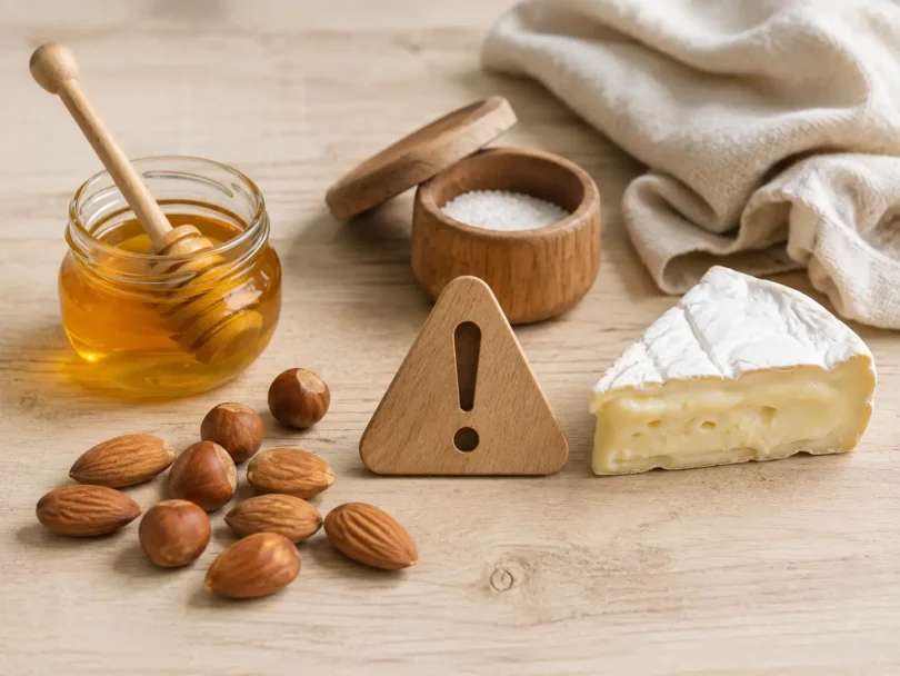 Aliments à éviter avant 1 an disposés sur une table : pot de miel, sel, fruits à coque entiers, marqués comme à risque pour bébé