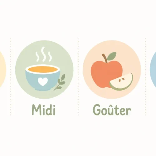 Illustration des 4 repas de la journée de bébé : matin, midi, goûter et soir, représentés par des icônes soleil, bol, pomme et lune
