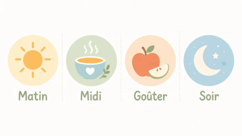 Illustration des 4 repas de la journée de bébé : matin, midi, goûter et soir, représentés par des icônes soleil, bol, pomme et lune