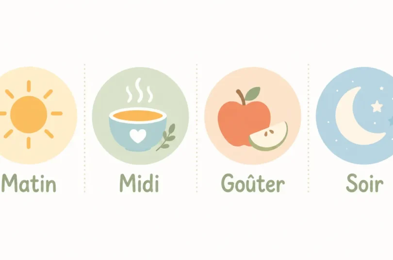 calendrier-repas-journee-bebe-matin-midi-gouter-soir Illustration des 4 repas de la journée de bébé : matin, midi, goûter et soir, représentés par des icônes soleil, bol, pomme et lune