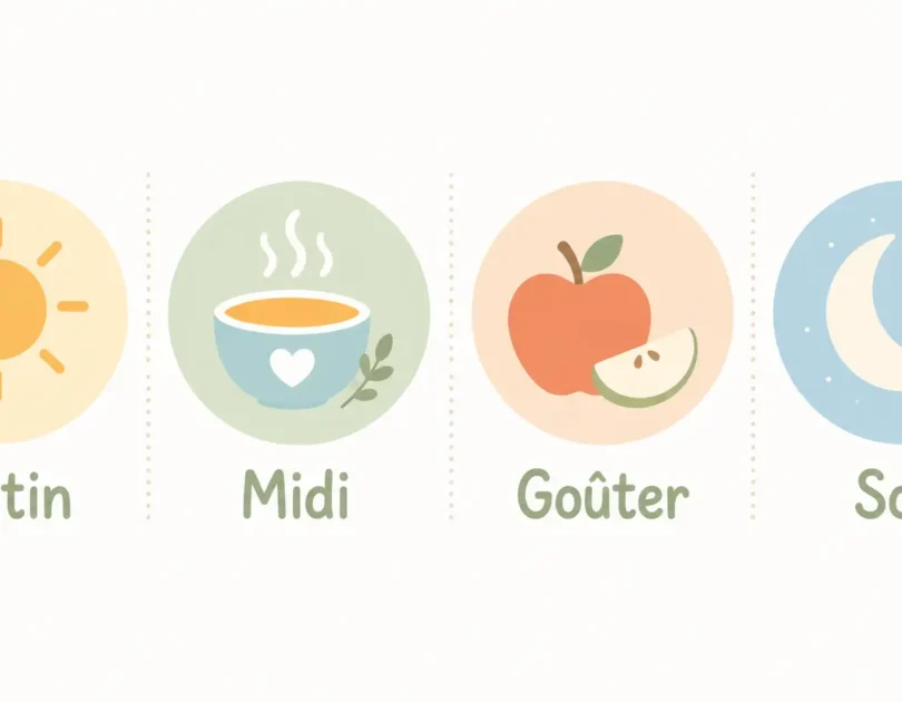 Illustration des 4 repas de la journée de bébé : matin, midi, goûter et soir, représentés par des icônes soleil, bol, pomme et lune
