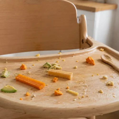 Morceaux de nourriture pour bébé en DME éparpillés sur une tablette de chaise haute après un repas exploratoire
